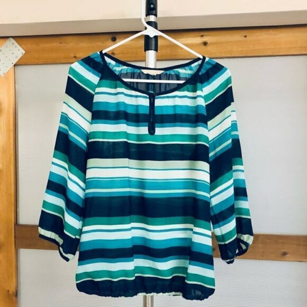 BANANA REPUBLIC FACTORY Blue Green White Stripe Light Sheer Peasant Blouse Sz M